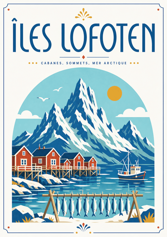 Affiche vintage Île Lofoten – Poster de voyage rétro, Île Lofoten, Norvège, EUROPE