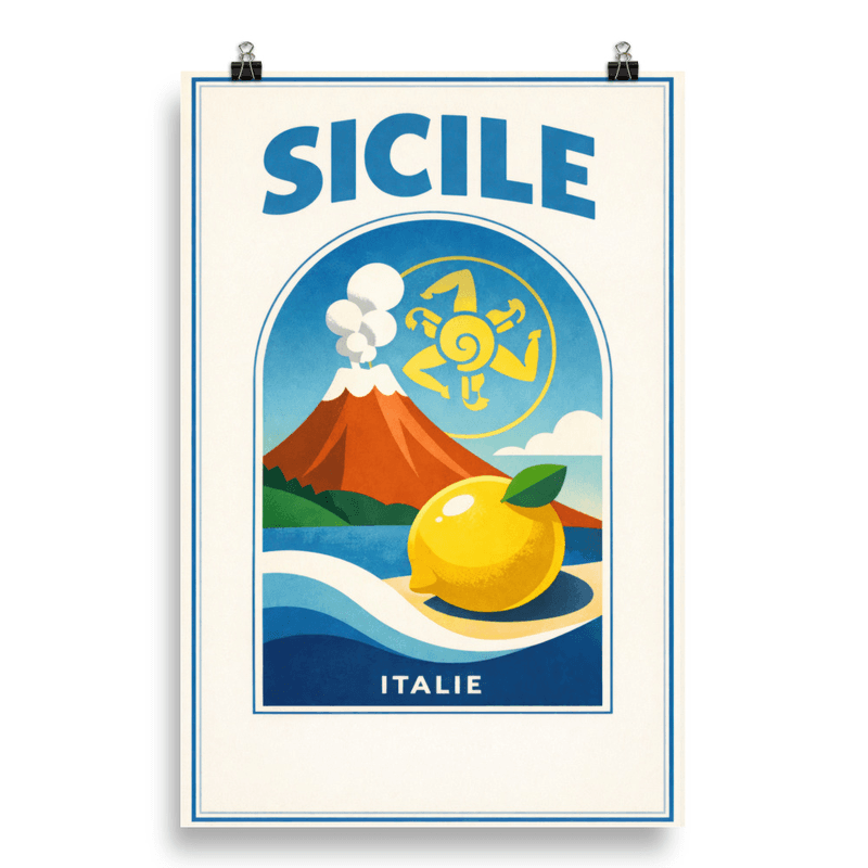 Affiche vintage Sicile – Poster de voyage rétro, Etna, Citrons, Italie