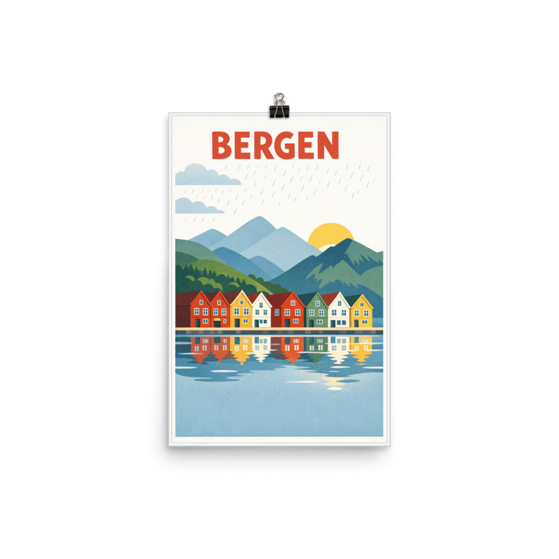 Affiche vintage Bergen – Poster de voyage rétro, Bryggen, fjord, NORVEGE