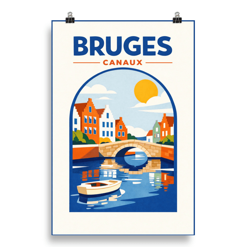 Affiche vintage Bruges – Poster de voyage rétro, canaux et pont gothique, Belgique
