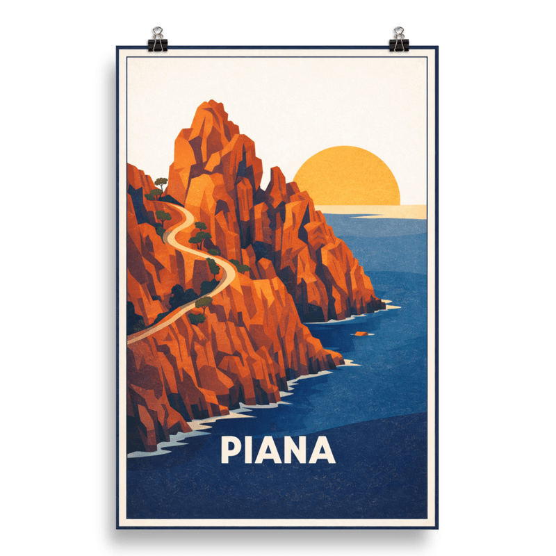 Affiche vintage Piana – Poster de voyage rétro, falaises de grès, route côtière, CORSE