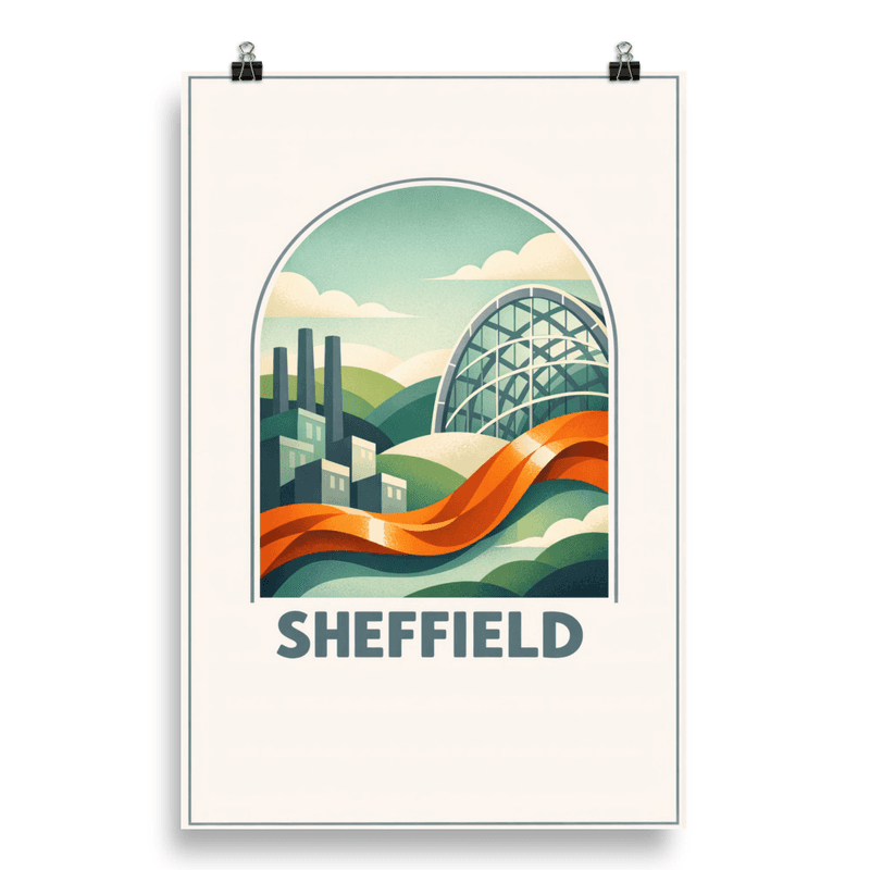 Affiche vintage Sheffield – Poster de voyage rétro, Winter Garden et collines du Peak District, Angleterre