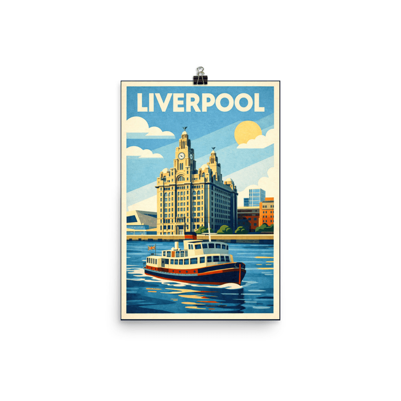 Affiche vintage Liverpool – Poster de voyage rétro, Royal Liver Building et ferry sur la Mersey, Angleterre