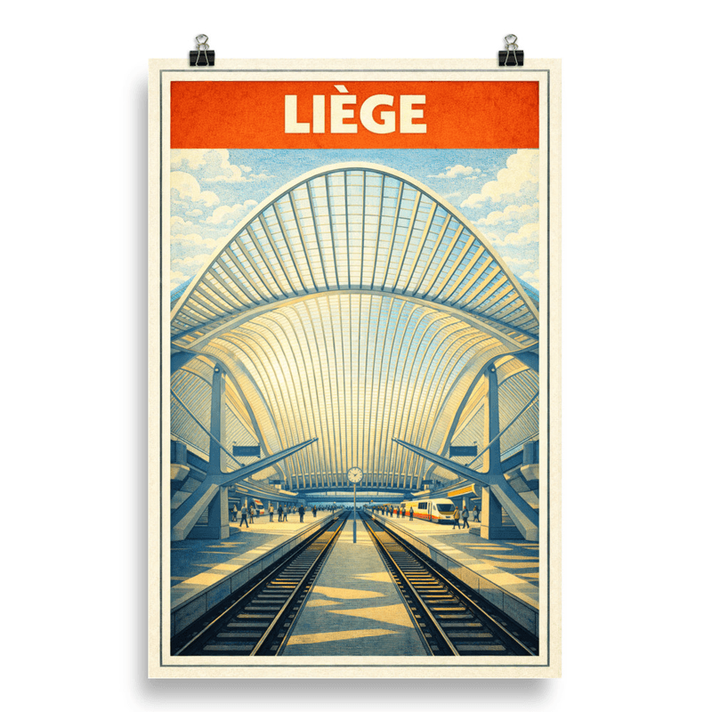 Affiche vintage Liège – Poster de voyage rétro, gare des Guillemins, Belgique