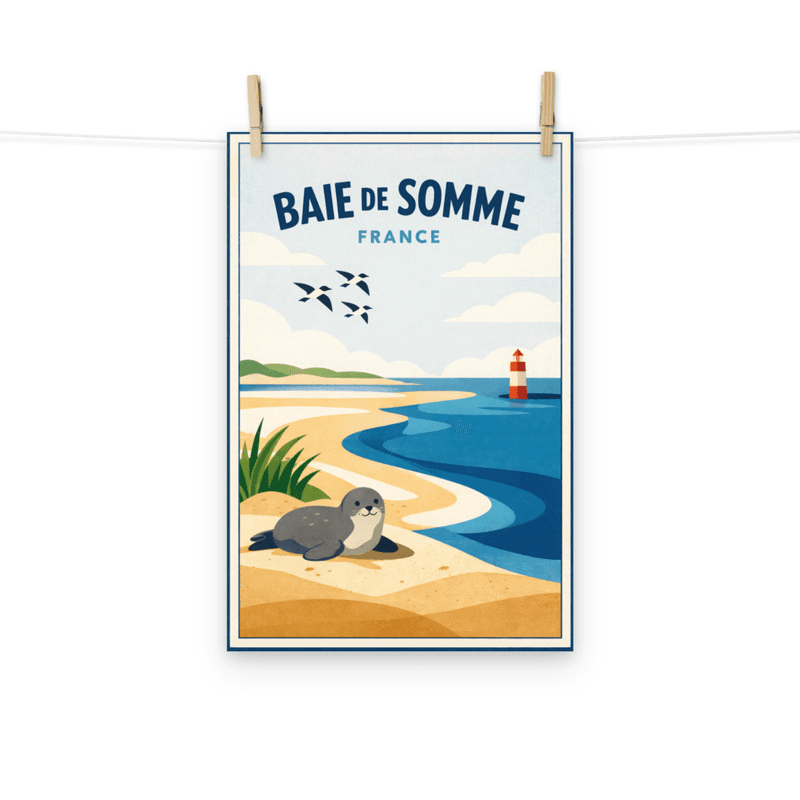 Affiche vintage Baie de Somme – Poster de voyage rétro, Plage, Phoque, Picardie, France
