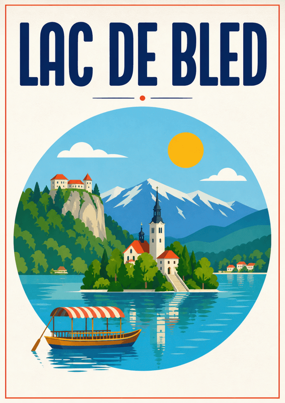 Affiche vintage Lac de Bled – Poster de voyage rétro, Lac de Bled, Slovénie, EUROPE