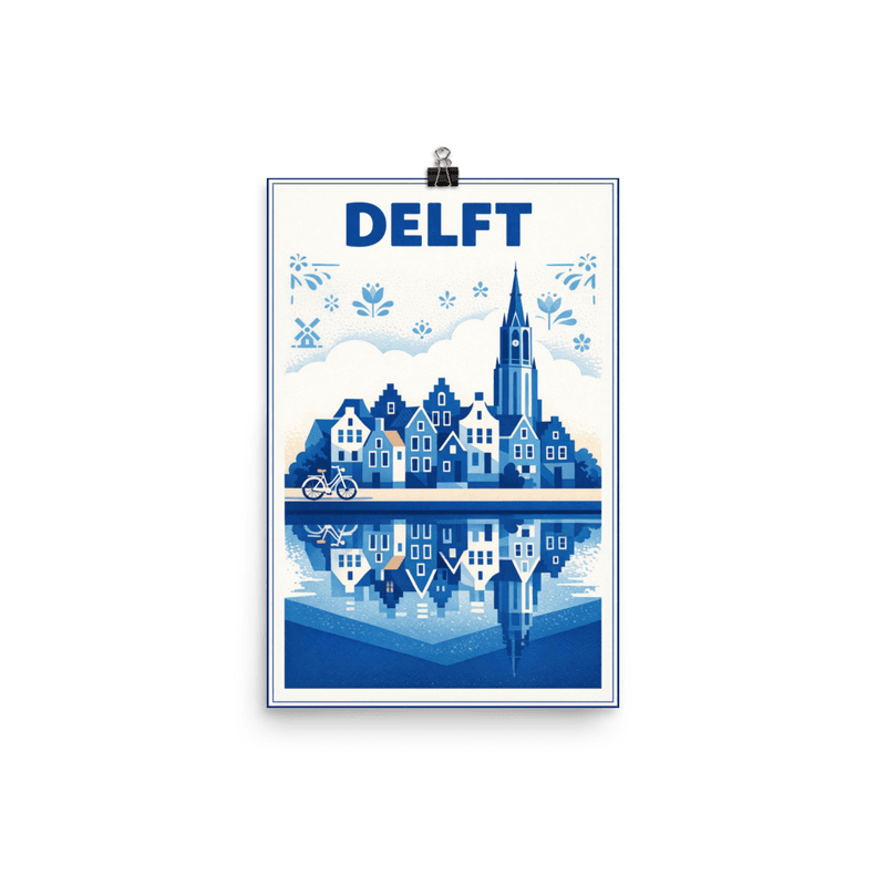 Affiche vintage Delft – Poster de voyage rétro, église, canal, maisons bleues, faïence, PAYS-BAS