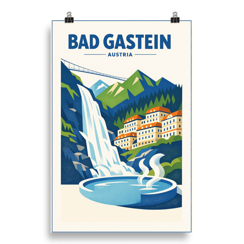 Affiche vintage Bad Gastein – Poster de voyage rétro, Cascade et Station Thermale, AUTRICHE