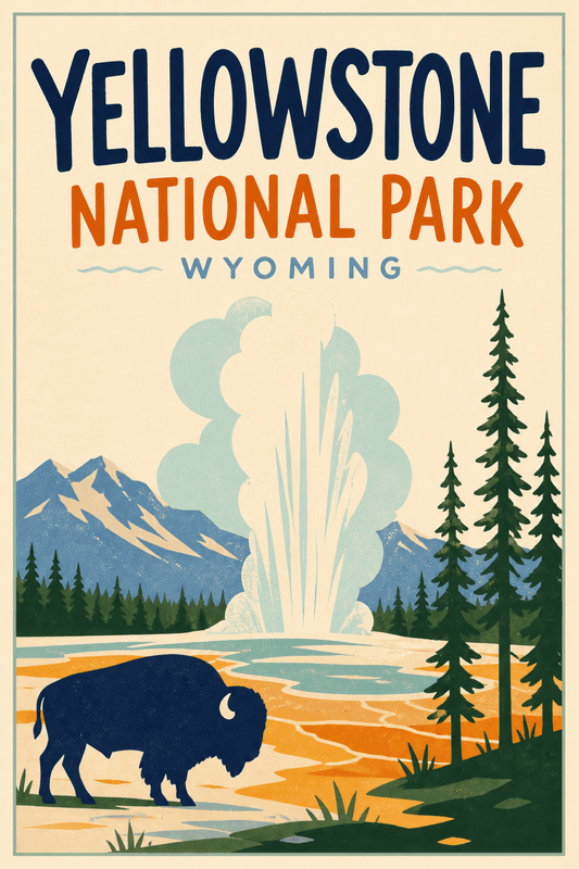 Affiche vintage Yellowstone National Park – Poster de voyage rétro, Yellowstone National Park, États-Unis, AMÉRIQUE DU NORD