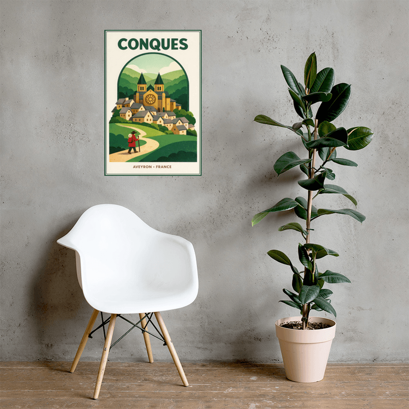 Affiche vintage Conques – Poster de voyage rétro, Village médiéval, Abbatiale romane, Aveyron, Occitanie, France