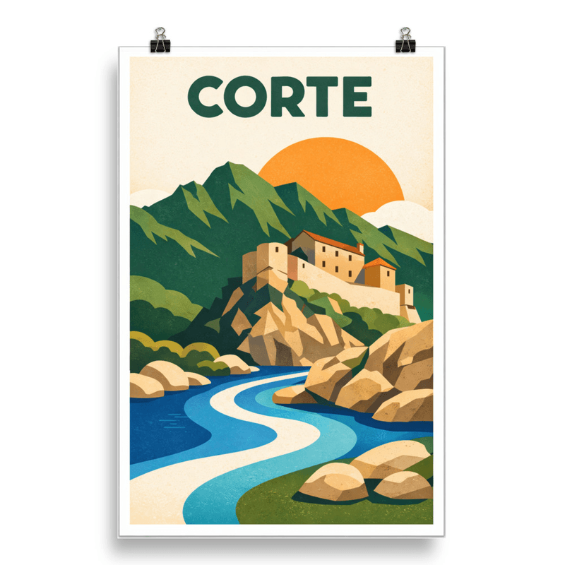 Affiche vintage Corte – Poster de voyage rétro, citadelle, montagne, rivière, CORSE