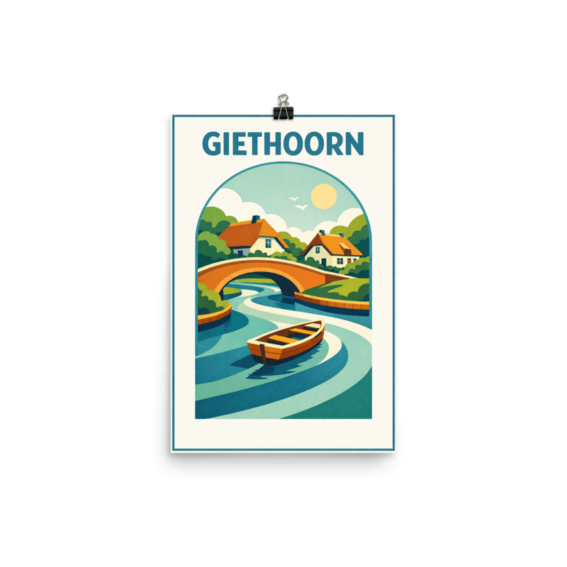 Affiche vintage Giethoorn – Poster de voyage rétro, canaux, barque, pont, village, PAYS-BAS