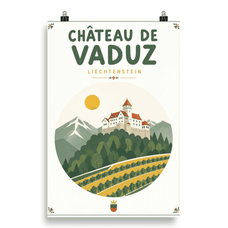 Affiche vintage Château de Vaduz – Poster de voyage rétro, Forteresse Médiévale et Vignobles, Liechtenstein