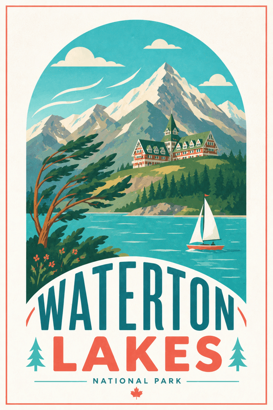 Affiche vintage Waterton Lakes – Poster de voyage rétro, Waterton Lakes, Canada, AMÉRIQUE DU NORD