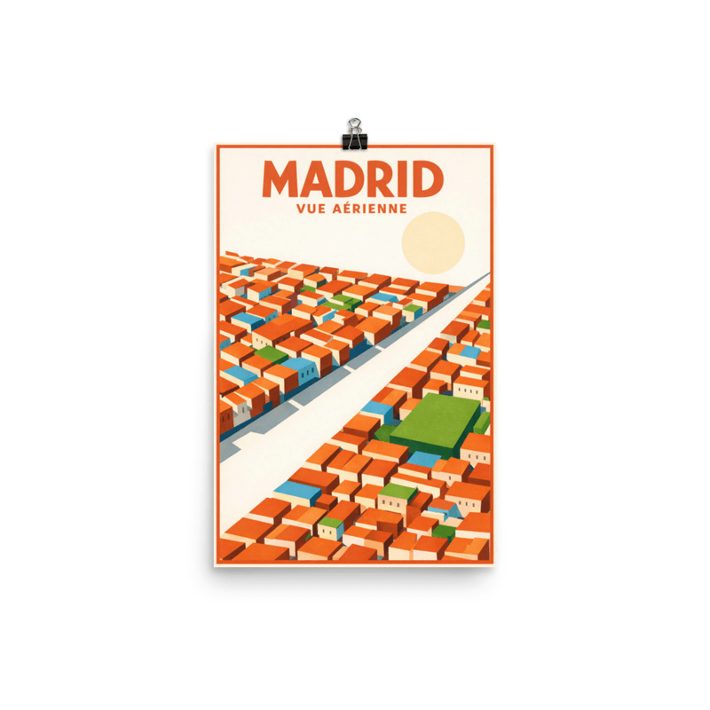 Affiche vintage Madrid – Poster de voyage rétro, Vue aérienne, Gran Vía, Castille, Espagne