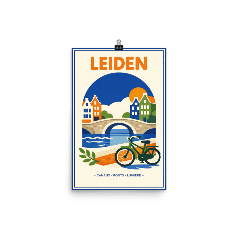 Affiche vintage Leiden – Poster de voyage rétro, pont de pierre, canal, vélo vert, soleil, PAYS-BAS