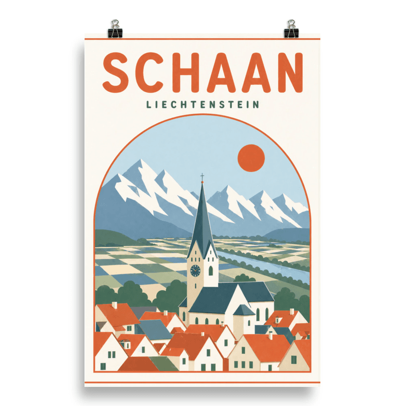 Affiche vintage Schaan – Poster de voyage rétro, Ville et Église du Vallon Rhénan, Liechtenstein