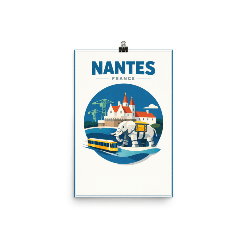 Affiche vintage Nantes – Poster de voyage rétro, château, éléphant, tramway, Loire-Atlantique, France