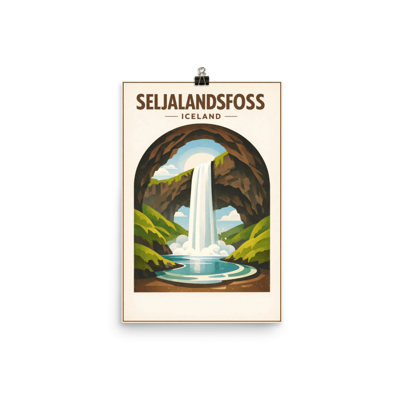Affiche vintage Seljalandsfoss – Poster de voyage rétro, Cascade et Grotte, Iceland