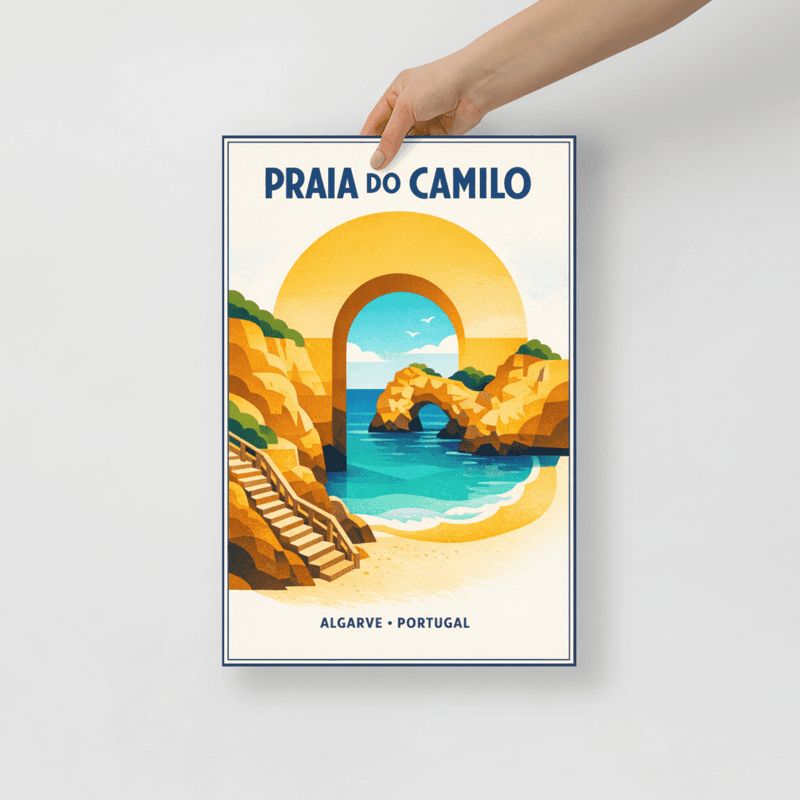 Affiche vintage Praia do Camilo – Poster de voyage rétro, Falaises, Plage, Algarve, Portugal