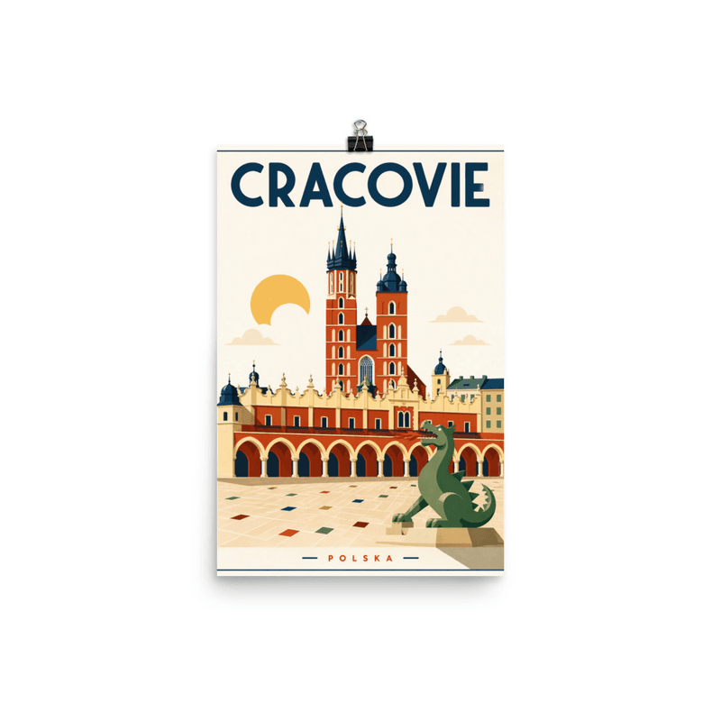 Affiche vintage Cracovie – Poster de voyage rétro, Basilique et Dragon du Wawel, POLOGNE