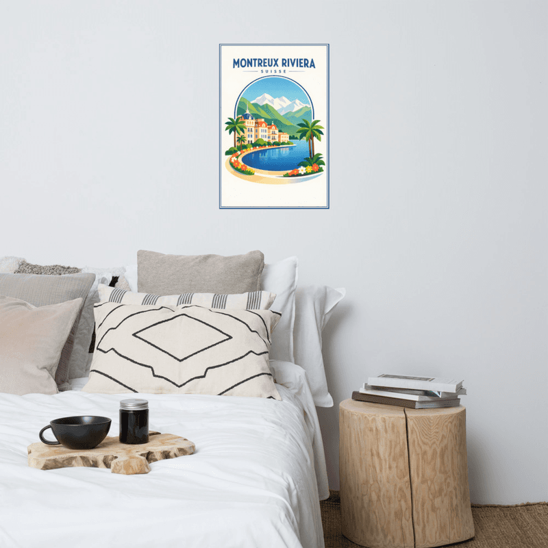 Affiche vintage Montreux Riviera – Poster de voyage rétro, Riviera vaudoise, hôtels Belle-Époque, Alpes suisses