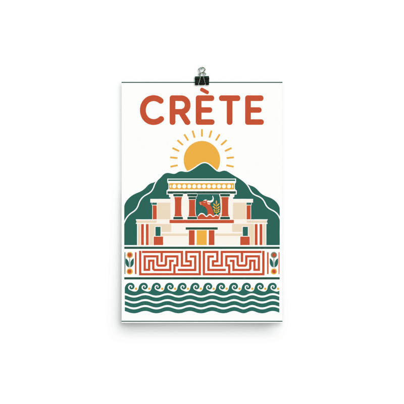 Affiche vintage Crete – Poster de voyage retro, Palais Minoen Knossos Soleil Vagues Mer Mediterranee, GRECE