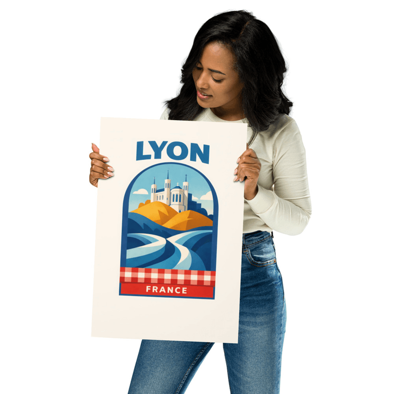 Affiche vintage Lyon – Poster de voyage rétro, Basilique de Fouvière, Gastronomíe, Rhône-Alpes, France