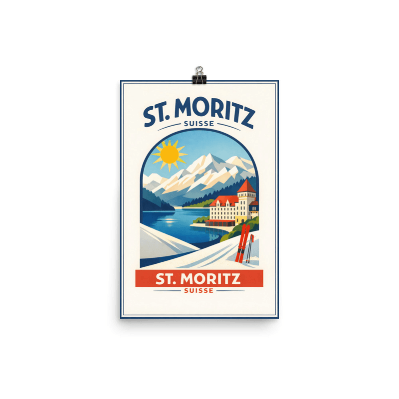 Affiche vintage St Moritz – Poster de voyage rétro, station alpine et lac gelé, Suisse