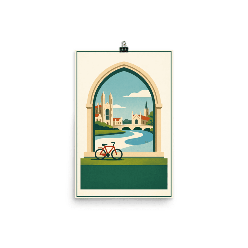 Affiche vintage Cambridge – Poster de voyage rétro, vélo et université sur la rivière Cam, Angleterre