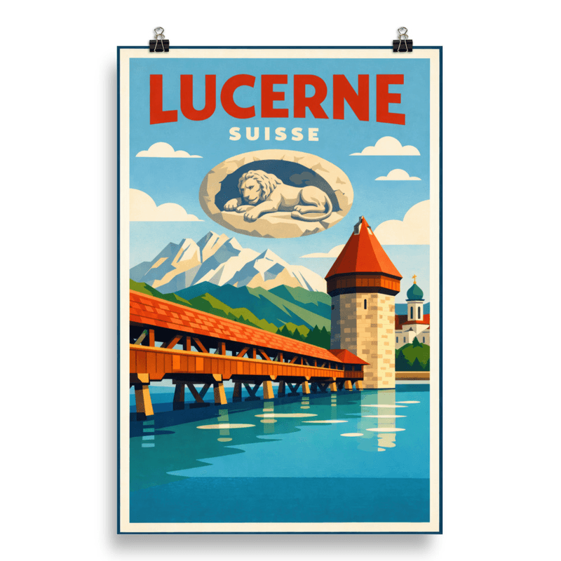 Affiche vintage Lucerne – Poster de voyage rétro, pont de la chapelle et lion de Lucerne, Suisse