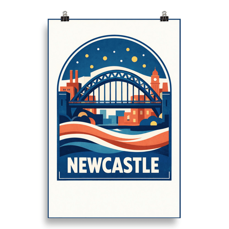 Affiche vintage Newcastle – Poster de voyage rétro, Tyne Bridge et Quayside, Angleterre