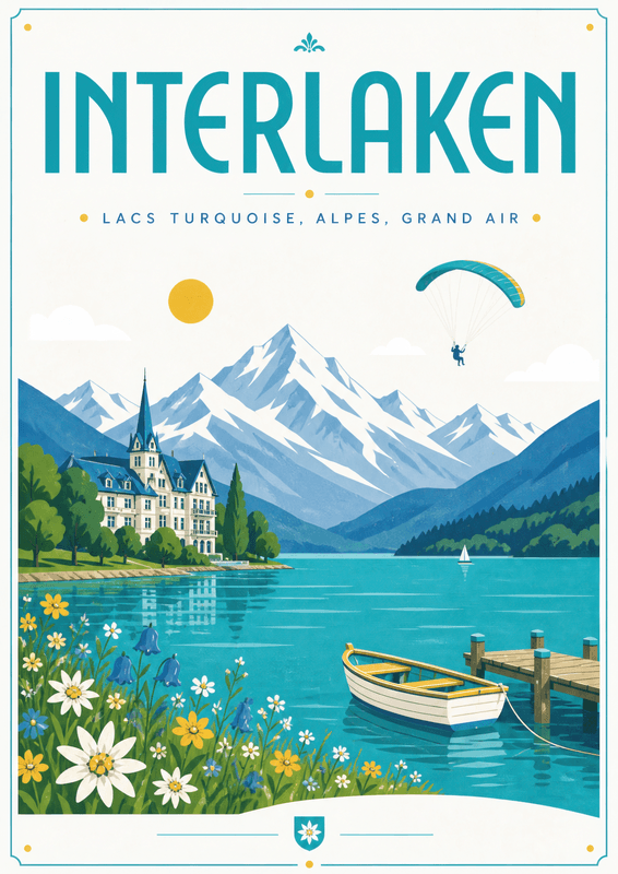 Affiche vintage Interlaken – Poster de voyage rétro, Interlaken, Suisse, EUROPE