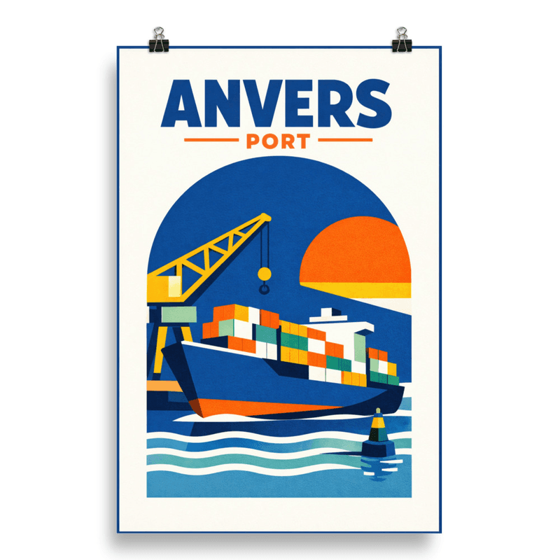 Affiche vintage Anvers – Poster de voyage rétro, port de conteneurs, Belgique
