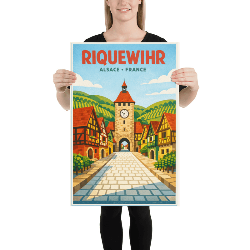 Affiche vintage Riquewihr – Poster de voyage rétro, Village alsacien, Route des Vins, Haut-Rhin, Alsace, France