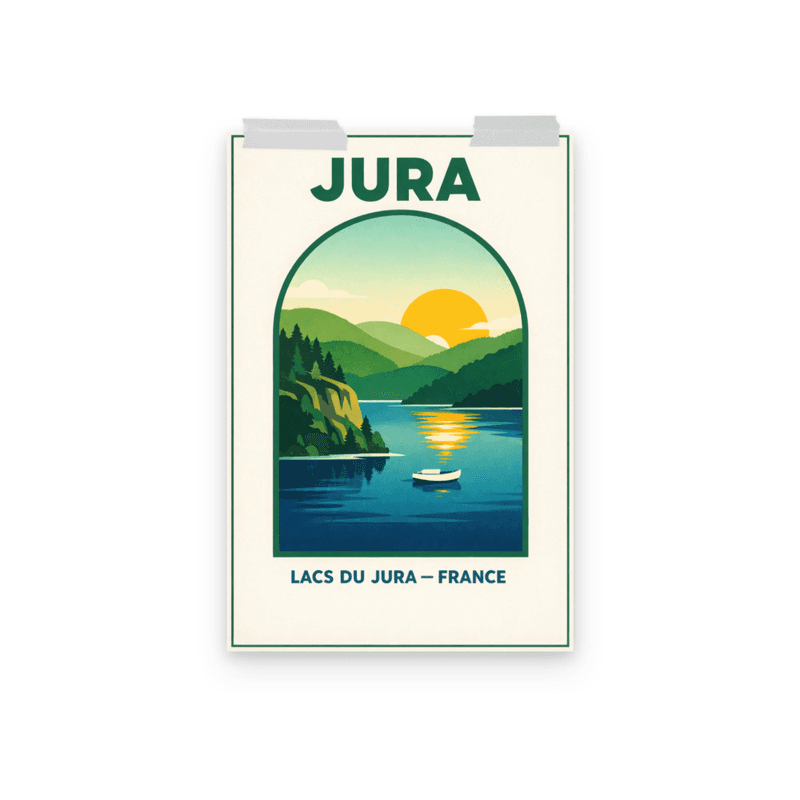 Affiche vintage Jura – Poster de voyage rétro, Lacs, Forêts, Franche-Comté, France