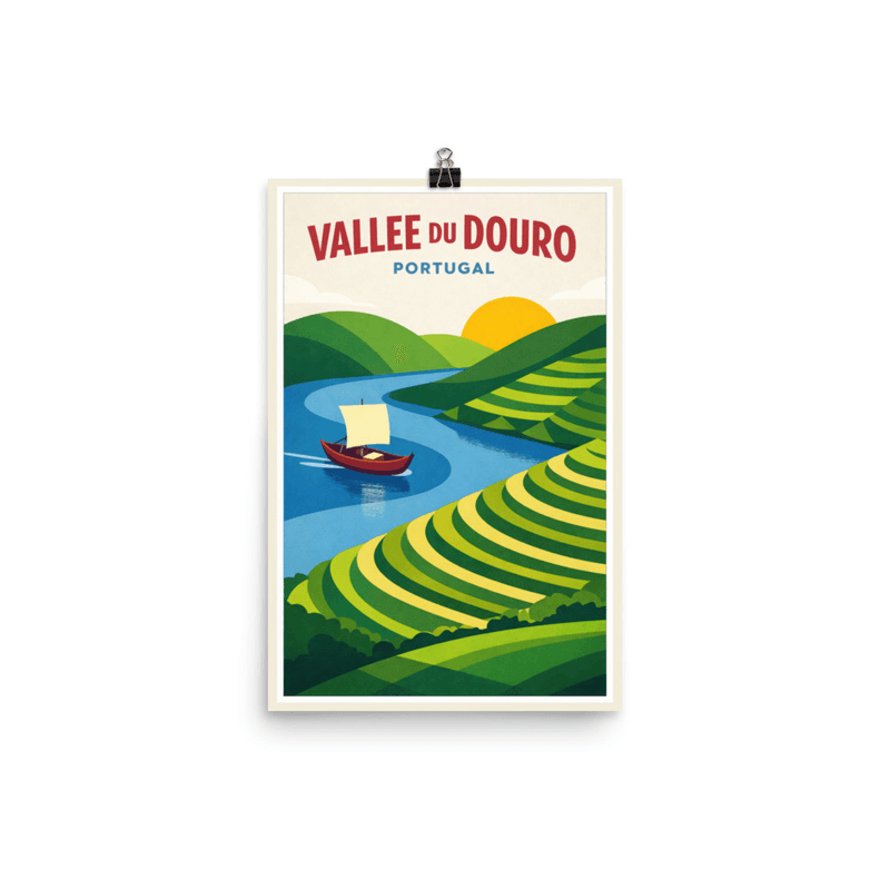 Affiche vintage Vallée du Douro – Poster de voyage rétro, Vignobles, Barcos Rabelos, Portugal
