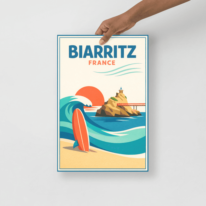 Affiche vintage Biarritz – Poster de voyage rétro, Surf, Vague, Pays Basque, France