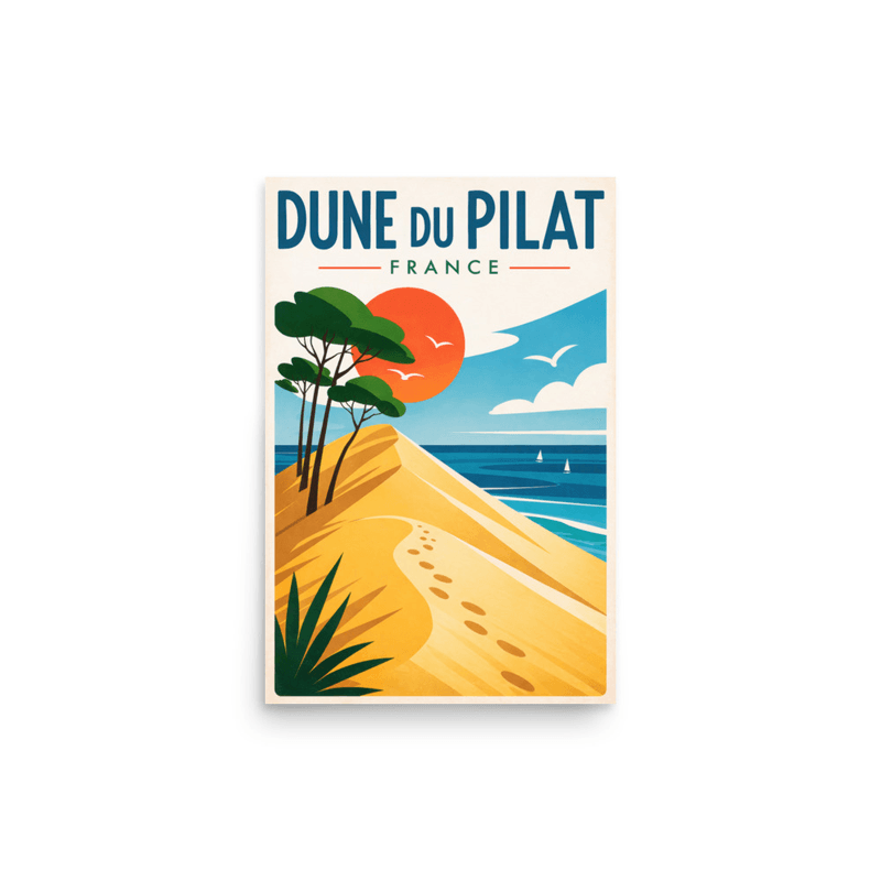 Affiche vintage Dune du Pilat – Poster de voyage rétro, agave, sable, mer, coucher de soleil, Gironde, France