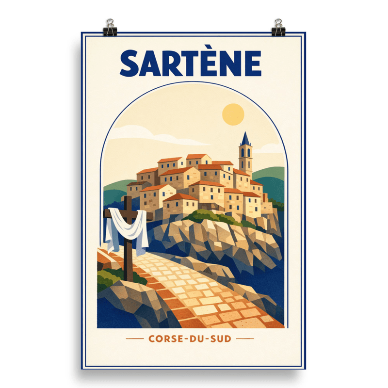 Affiche vintage Sartène – Poster de voyage rétro, village perché, Corse-du-Sud, CORSE