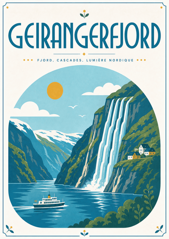 Affiche vintage Geirangerfjord – Poster de voyage rétro, Geirangerfjord, Norvège, EUROPE