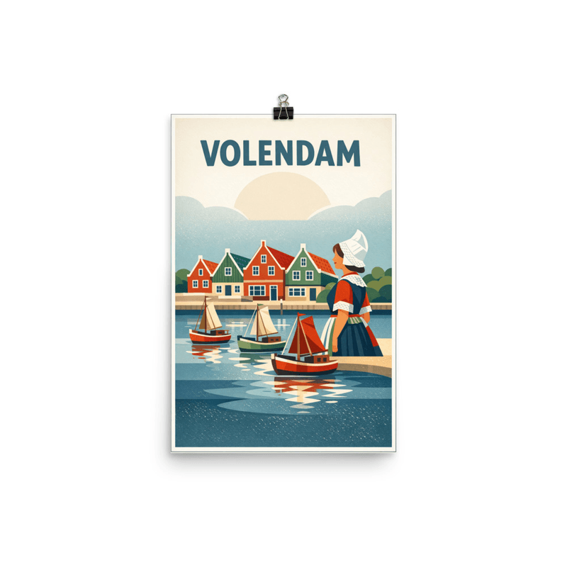 Affiche vintage Volendam – Poster de voyage rétro, costume traditionnel, bateaux, port, PAYS-BAS