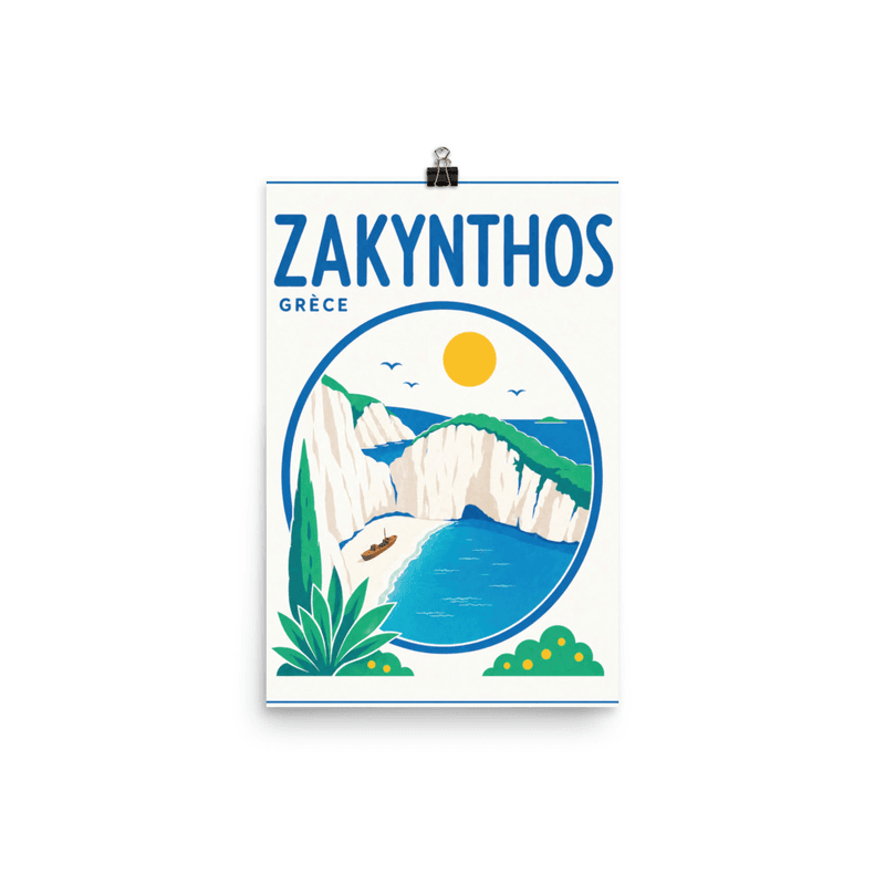 Affiche vintage Zakynthos – Poster de voyage rétro, Plage Falaises Grotte Bleue Mer Ionienne, GRECE