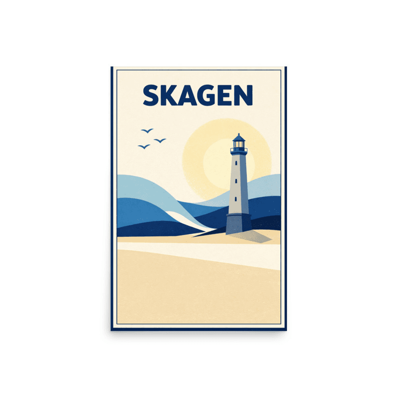 Affiche vintage Skagen – Poster de voyage rétro, phare, dunes, mer, oiseaux, DANEMARK