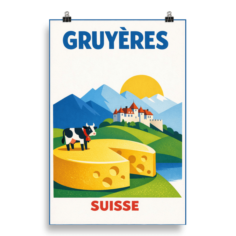 Affiche vintage Gruyères – Poster de voyage rétro, village et fromage suisse, Suisse