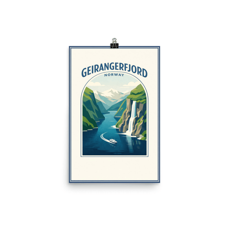 Affiche vintage Geirangerfjord – Poster de voyage rétro, fjord, cascade, NORVEGE
