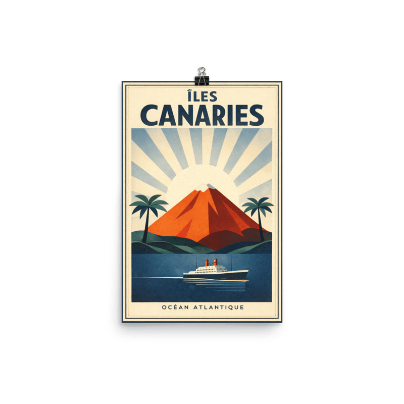 Affiche vintage Îles Canaries – Poster de voyage rétro, volcan, bateau, Océan Atlantique, Espagne