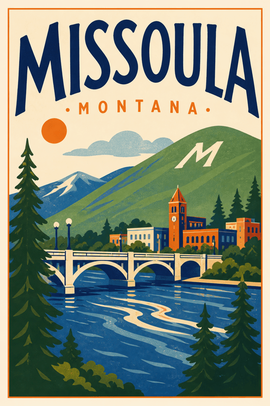 Affiche vintage Missoula – Poster de voyage rétro, Missoula, États-Unis, AMÉRIQUE DU NORD