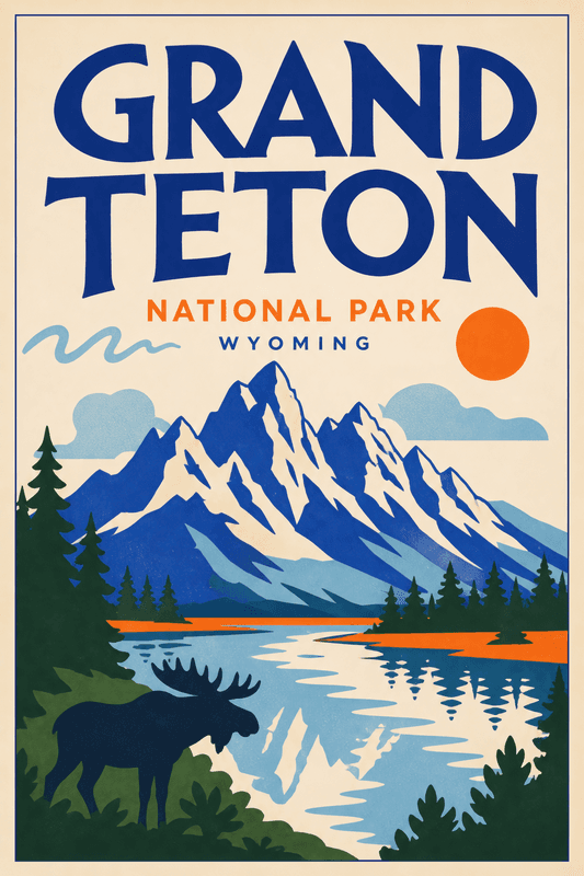 Affiche vintage Grand Teton National Park – Poster de voyage rétro, Grand Teton National Park, États-Unis, AMÉRIQUE DU NORD