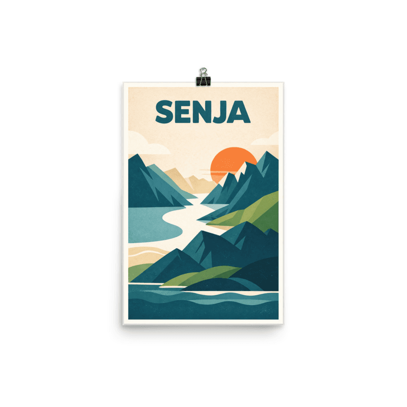 Affiche vintage Senja – Poster de voyage rétro, île, montagnes, NORVEGE